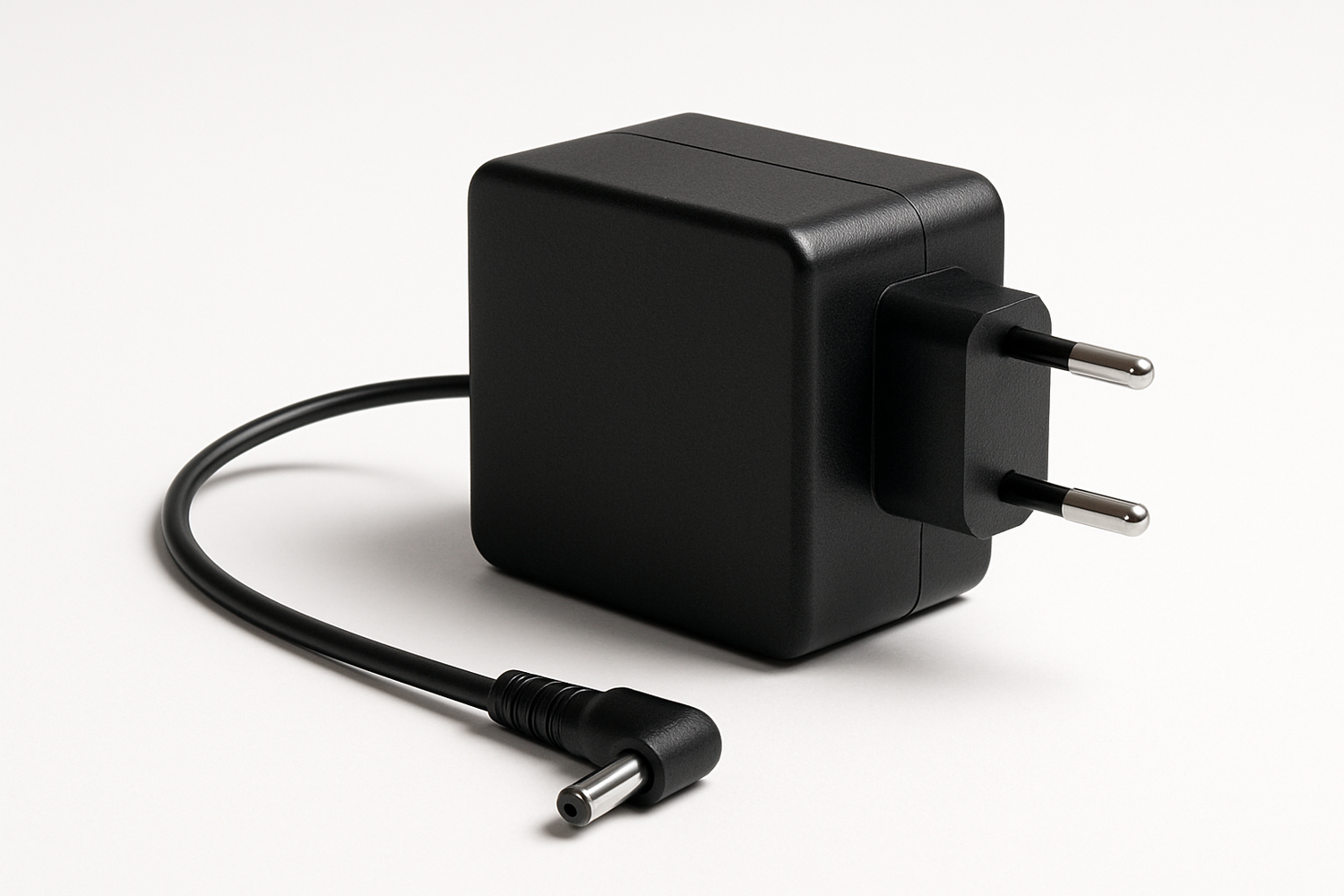 A black power adapter. The background must be white and the image's aspect ratio must be a square.