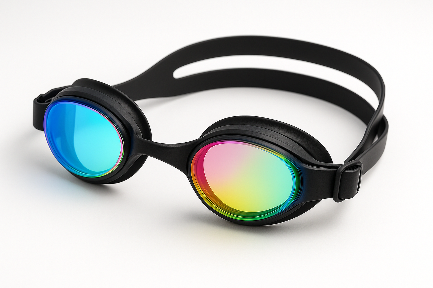 Swimming goggles with colorful lenses. The background must be white